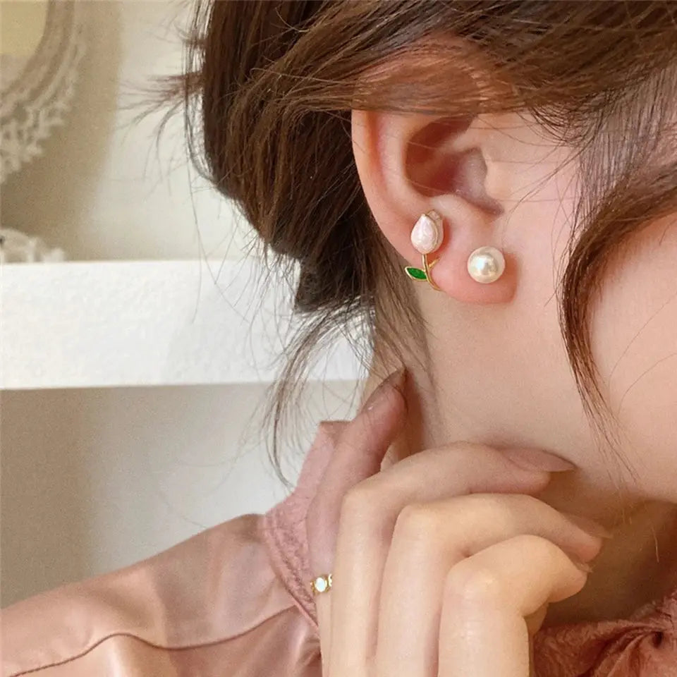 ZAKOL Fresh Rose Stud Earrings With Imitation Pearl Sweet Pink Tulip For Women Trendy Jewelry