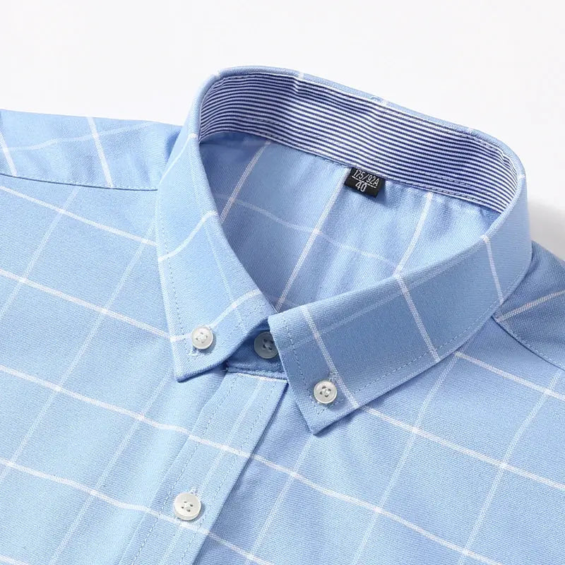 Men's light blue cotton oxford shirt with white plaid pattern and button-down collar