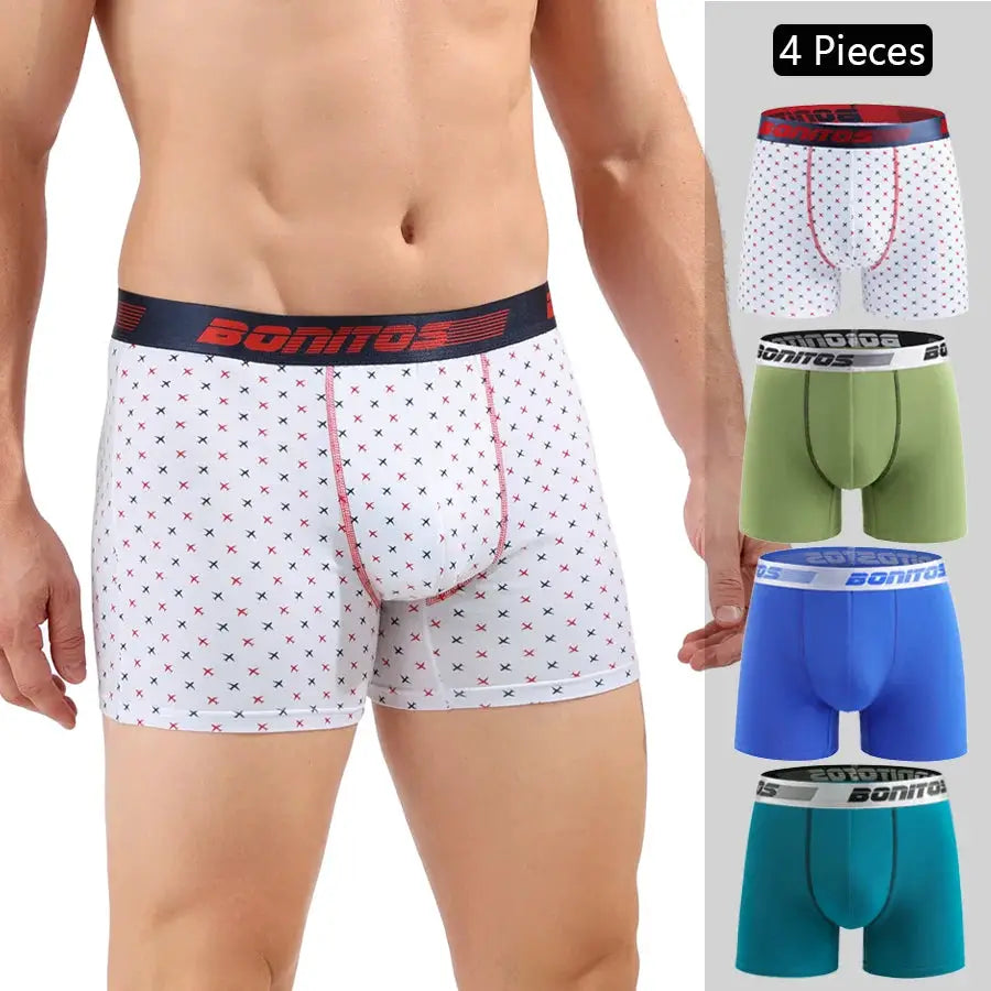 4-piece men's cotton boxer shorts set by Simples Market; white with red X-pattern plus green, blue, teal options
