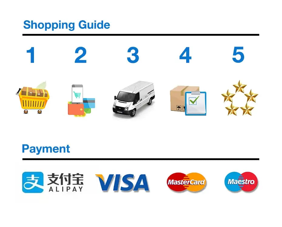 Shopping Guide section showing five step icons and payment logos (Alipay, Visa, MasterCard, Maestro).