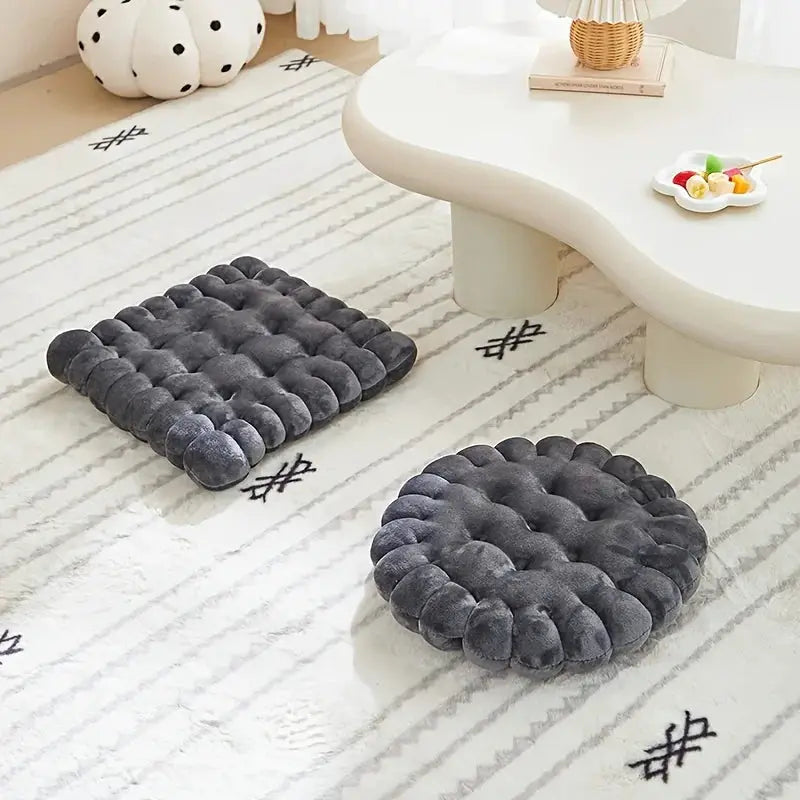 Simples Market large biscuit-shaped plush cushions (2) in dark gray soft faux fur seat pads for floor or low chair