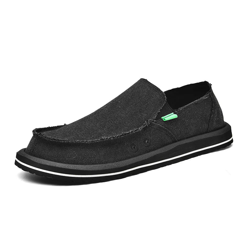 Men's canvas casual loafers slip-on sneakers, breathable black fabric with white sole