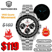 Watchdives WD1863 chronograph watch with stainless steel bracelet, sapphire crystal, blue lume