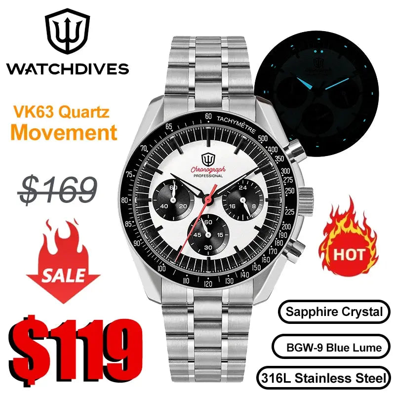 Watchdives WD1863 chronograph watch with stainless steel bracelet, sapphire crystal, blue lume