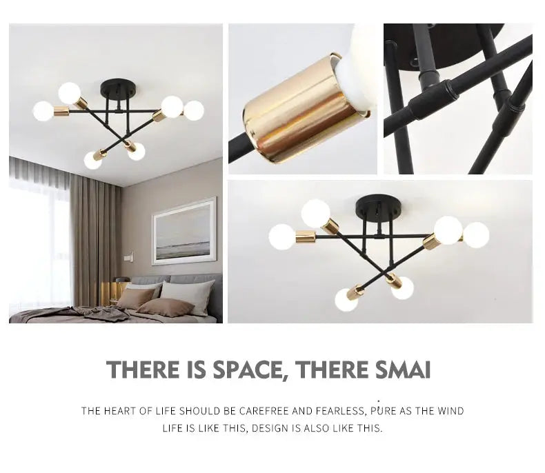 6-head LED ceiling lamp, retro industrial black wrought iron by Simples Market for living room