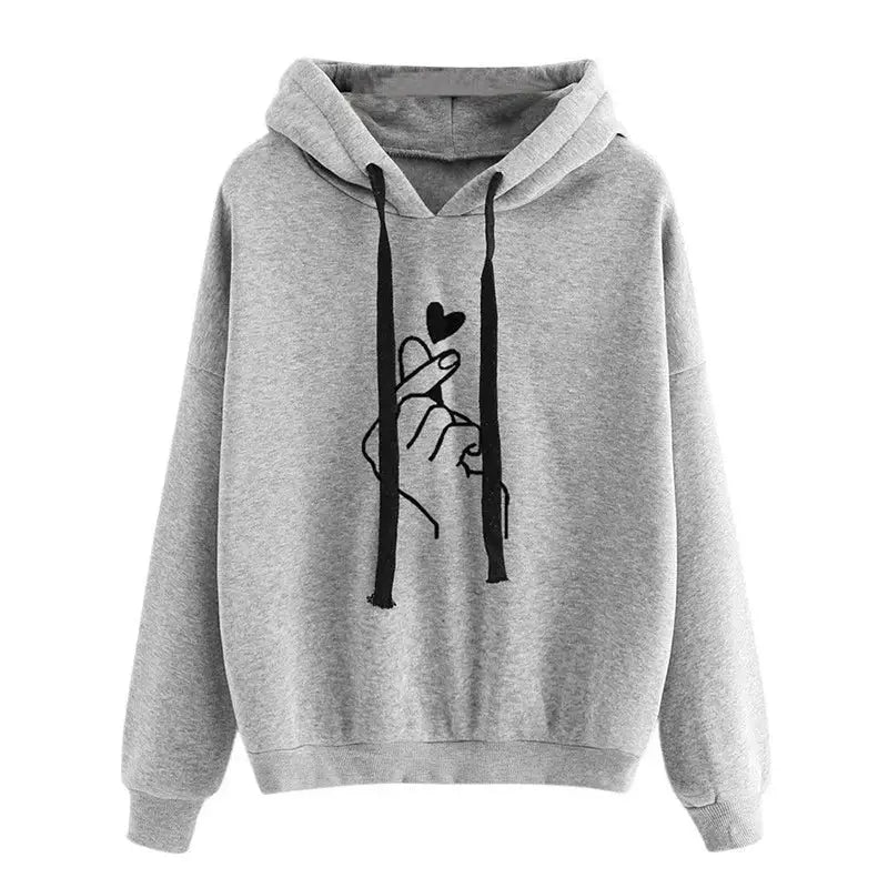 SeoulStyle Autumn Fleece Hoodie Cozy Korean Fashion Sweatshirt For Women With Finger Heart Graphic And Pockets