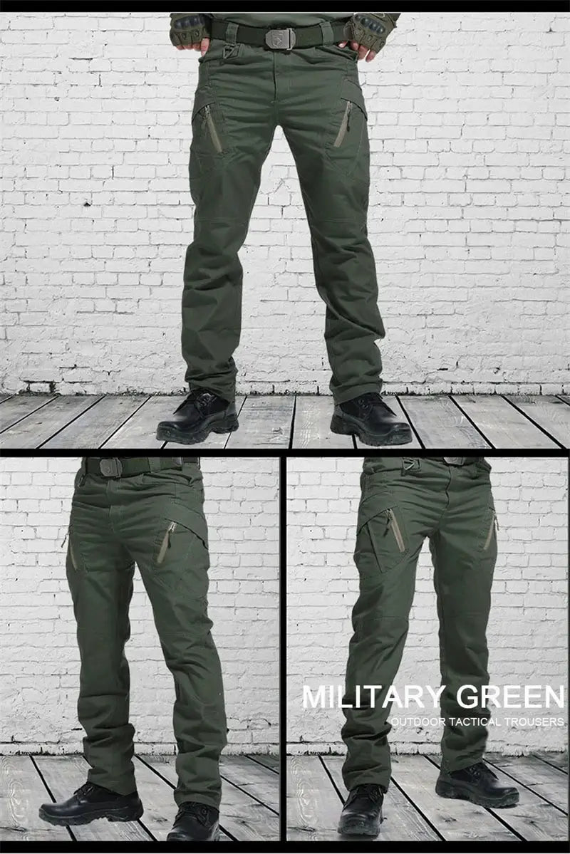 Men's military green tactical cargo pants with zippered pockets and belt.