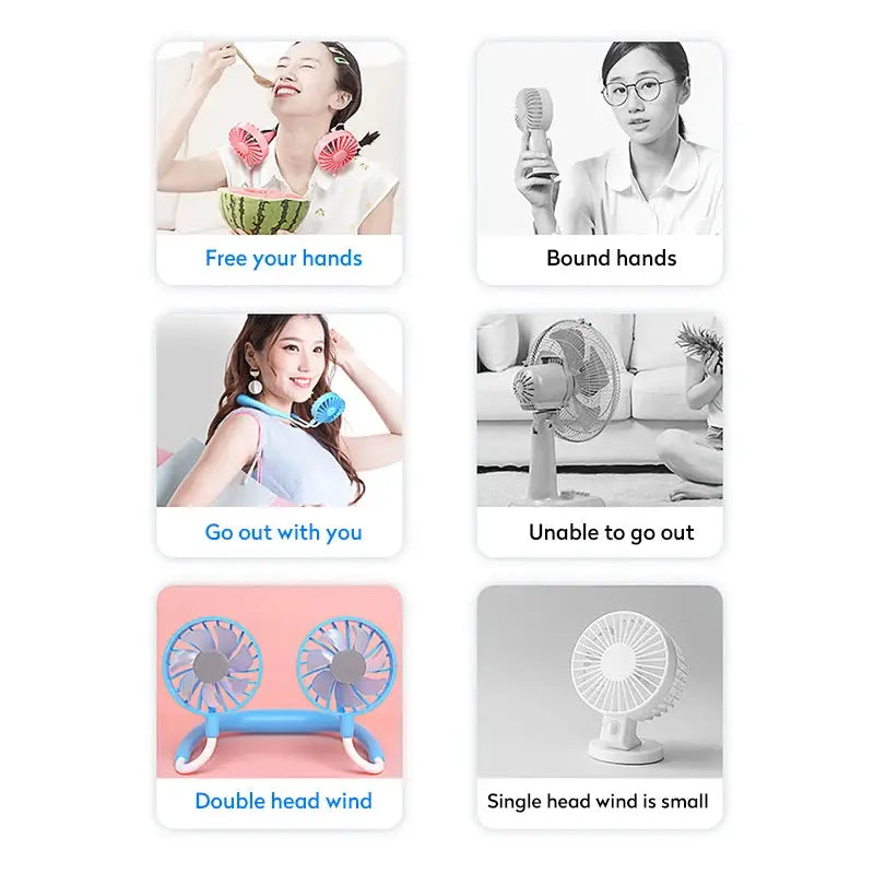 USB Portable Neck Fan Hands Free Dual Mini Sports Fan 3 Speed Adjustable Rechargeable 360 Degree Rotation