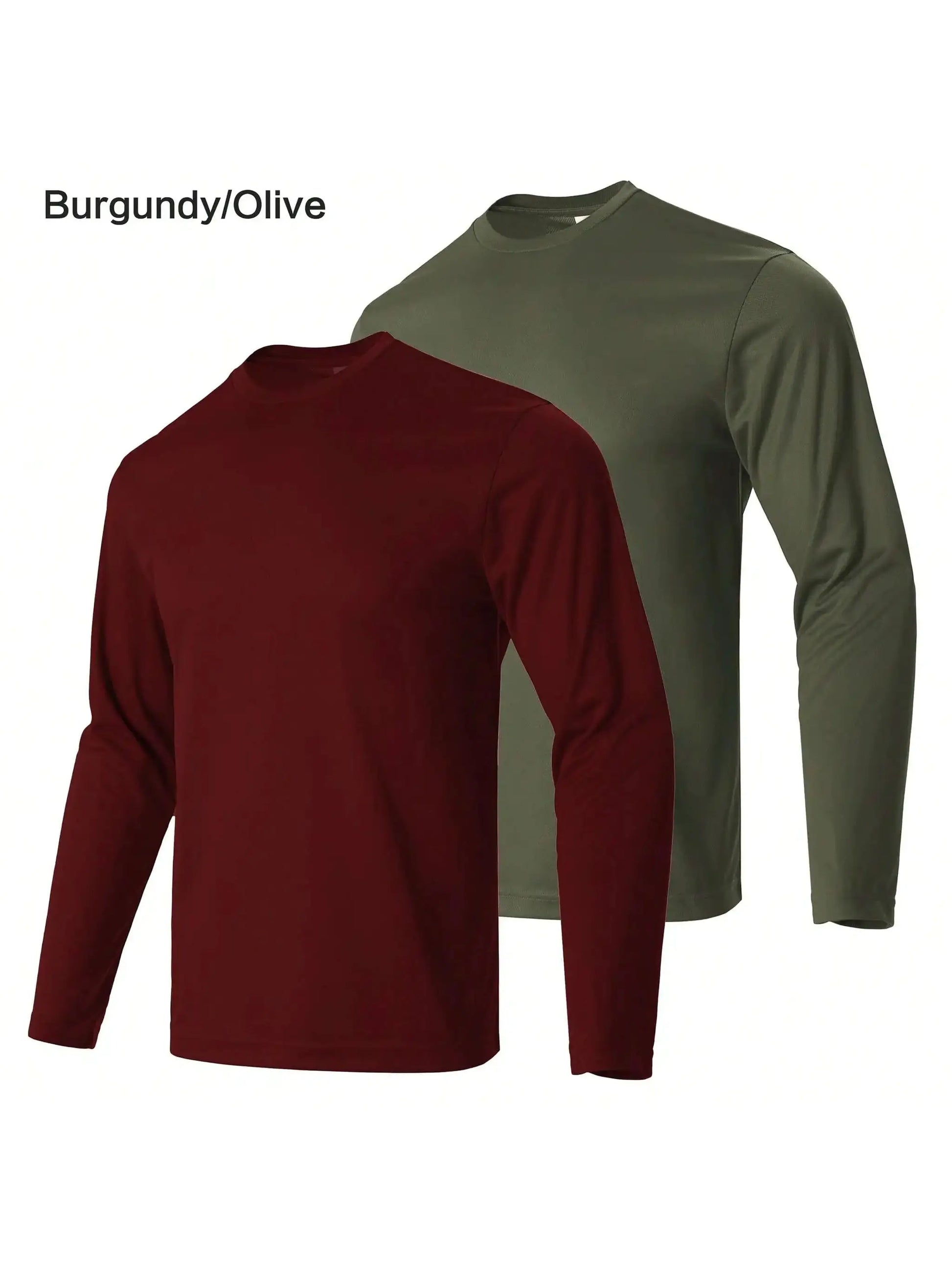 Men's performance long sleeve T-shirt, burgundy/olive, quick-dry moisture-wicking tops (2-pack)