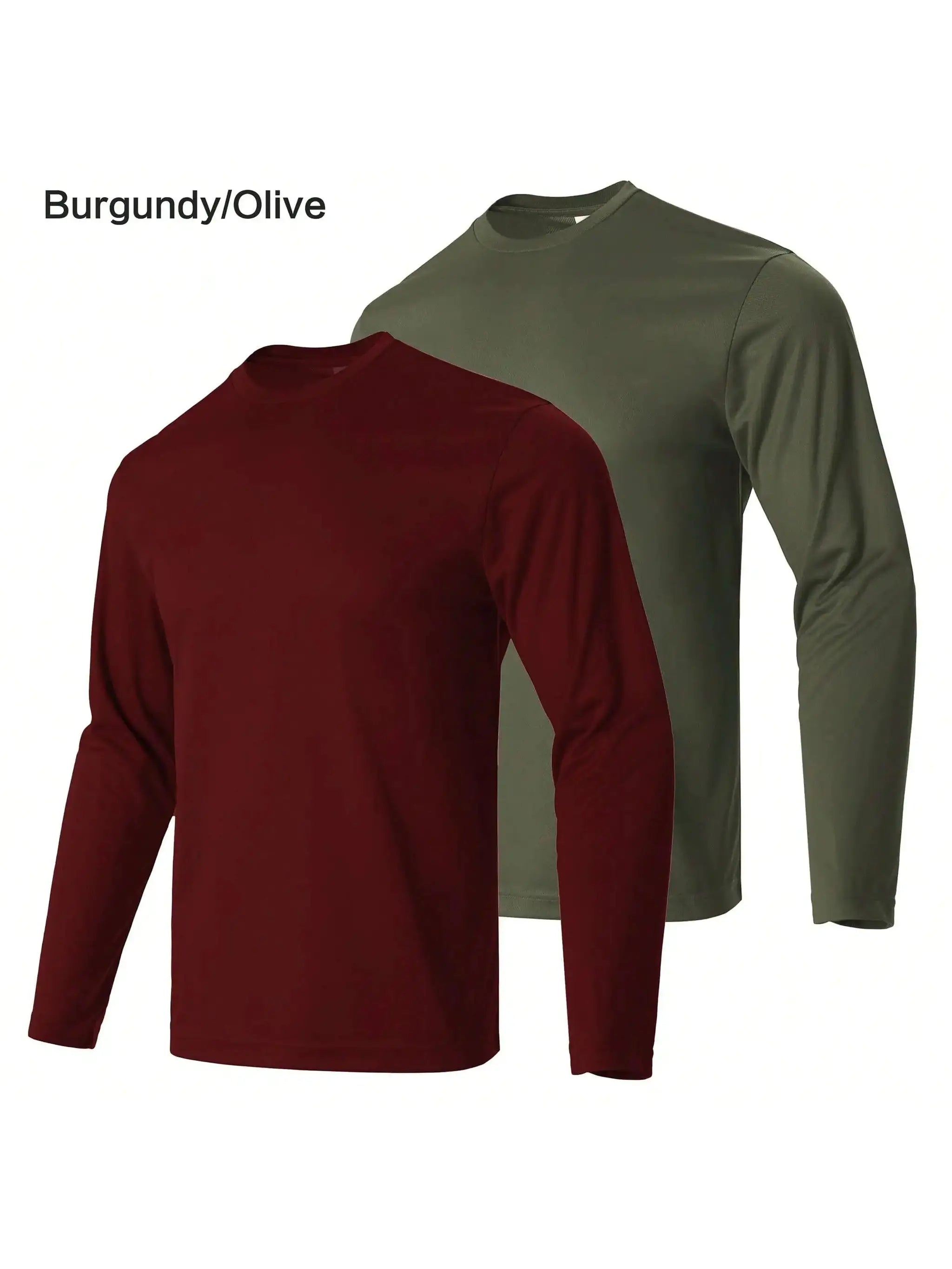 Men's performance long sleeve T-shirt, burgundy/olive, quick-dry moisture-wicking tops (2-pack)