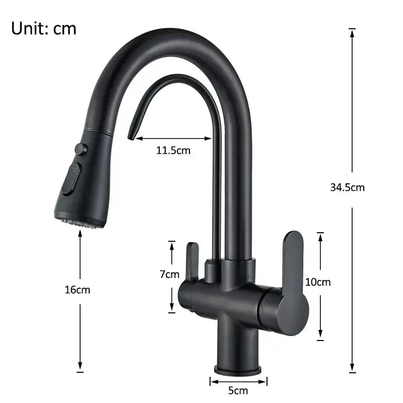 Onyzpily black pull-out kitchen faucet with dual handles, deck-mounted hot/cold water mixer