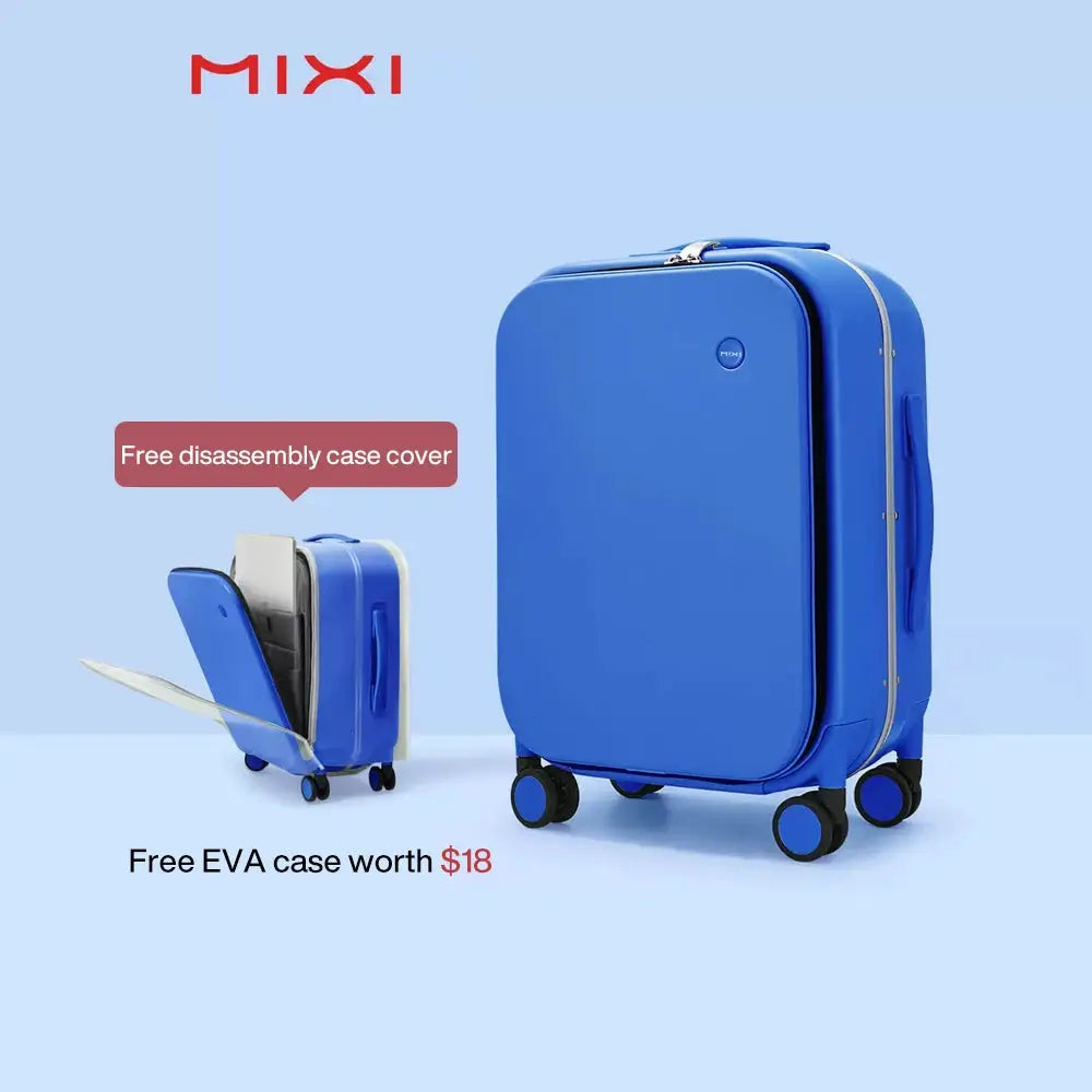 Mixi aluminum-frame blue carry-on rolling luggage two-piece set with detachable EVA case, 18–24 inch cabin sizes