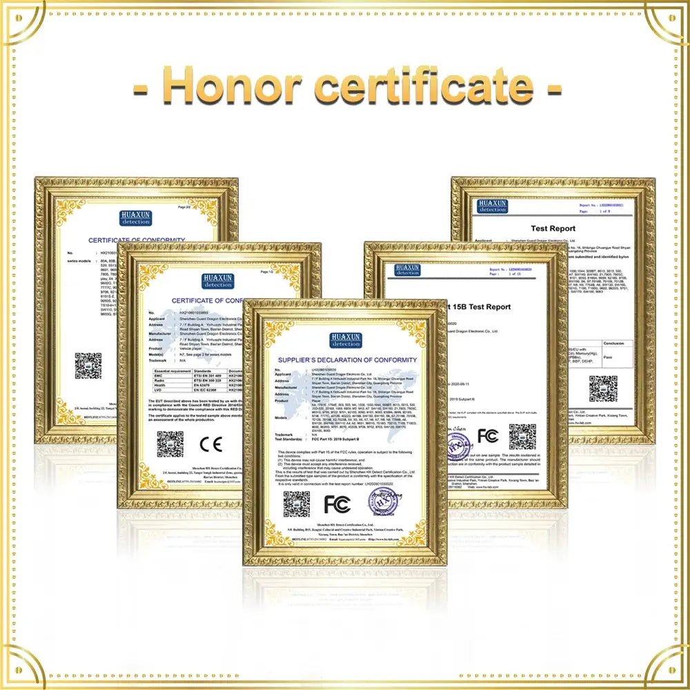 Gold-framed honor certificate set with five ornate frames on a white background