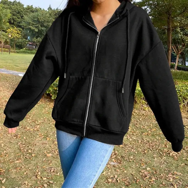 AutumnWear Fleece Hoodie Black Hooded Sweatshirt With Drawstring Pockets And Zipper Loose Fit