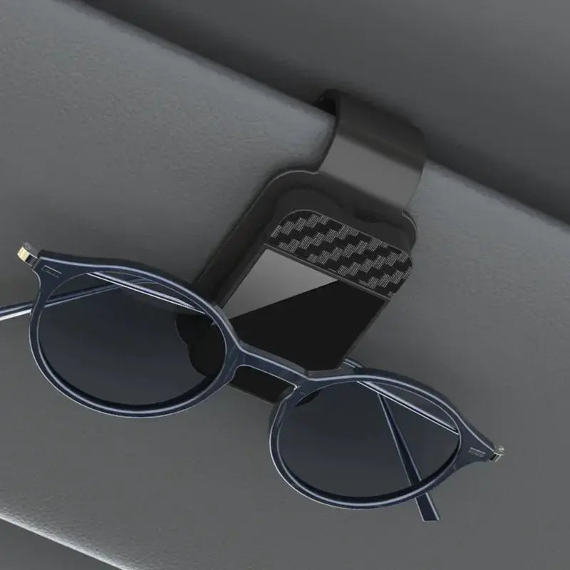 Car sun visor sunglasses clip with card holder in black carbon-fiber finish; multifunctional car interior accessory