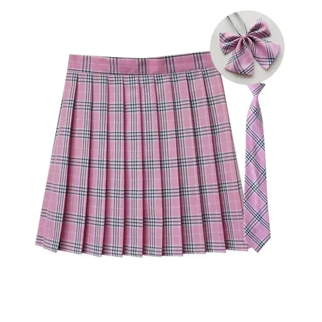 Simples Market pink plaid pleated mini skirt with necktie bow, school uniform style.