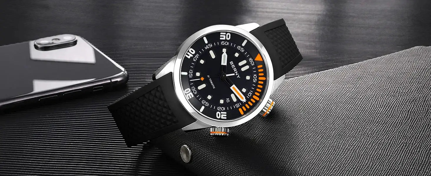 BERNY automatic dive watch for men, 20ATM water resistance, black rubber strap, luminous dial with orange accents