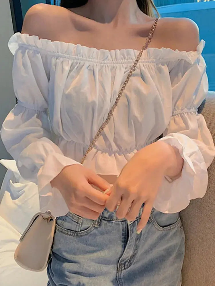 Women Off Shoulder Blouse Long Sleeve White Top With Puff Sleeves Ruffle Tunic Crop Summer Tube Top