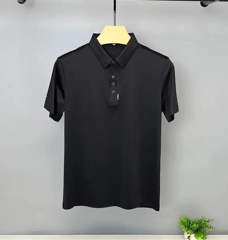 Men's black ice silk polo shirt with short sleeves, collar and button placket; breathable fabric.