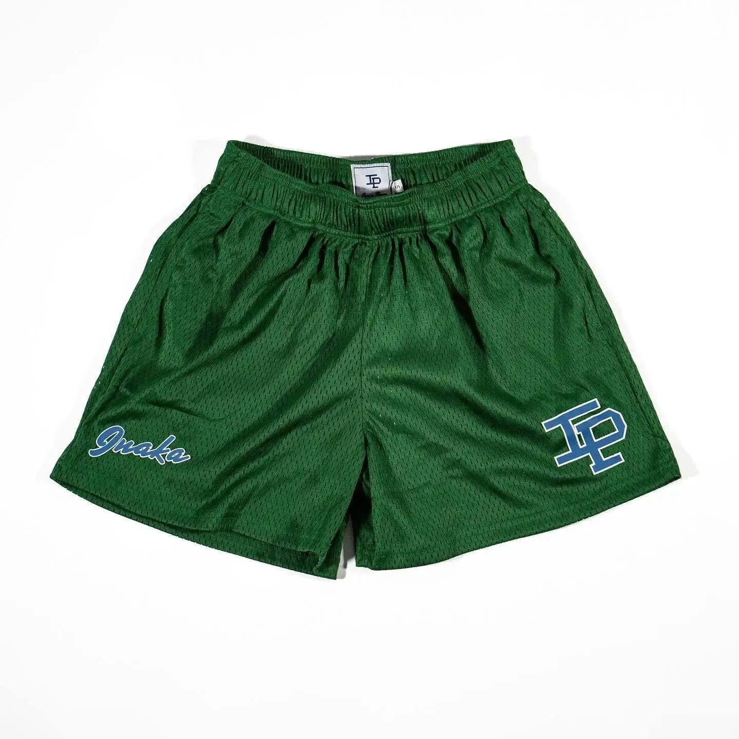 Men's green mesh athletic shorts with quick-dry fabric; blue left-script logo and blue right emblem.