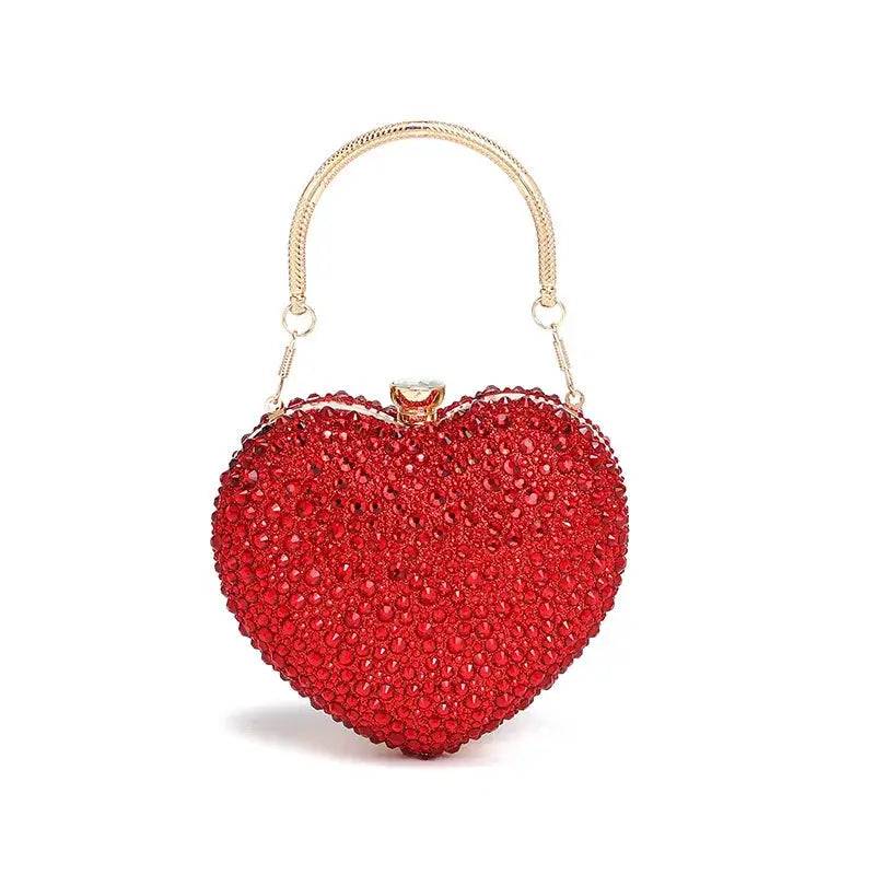 Red crystal heart-shaped clutch evening bag with gold chain handle by Simples Market