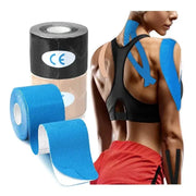 Simples Market kinesio tape roll set with three blue and beige rolls, shown on a taped athlete for recovery