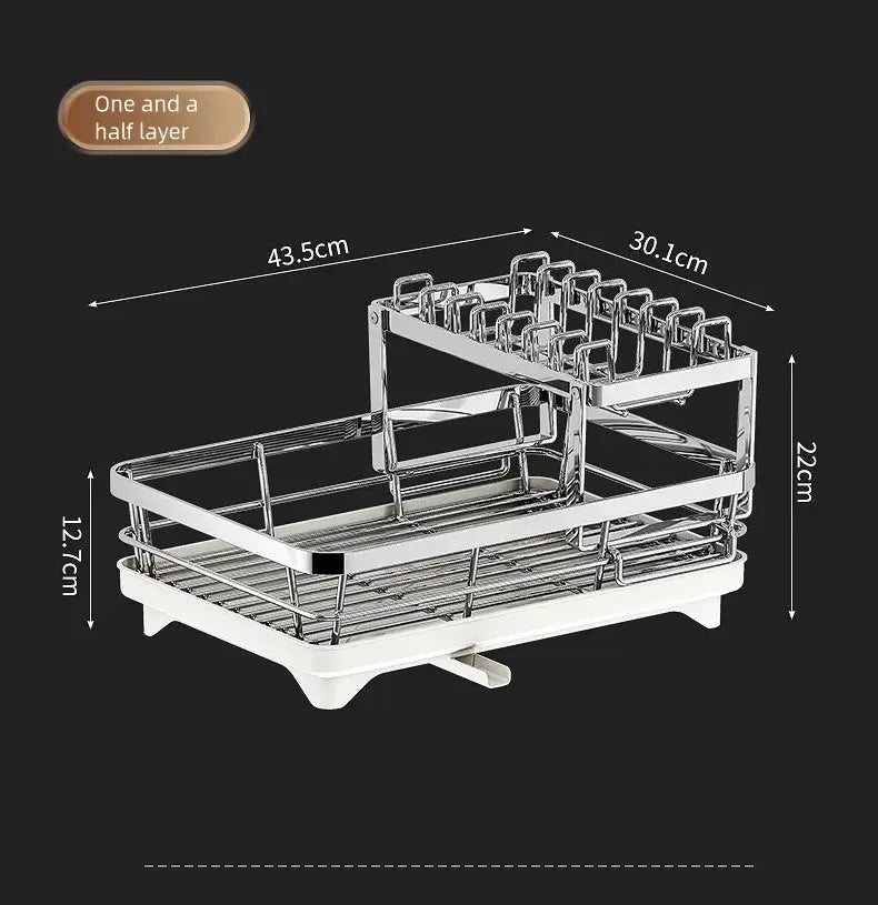 Simples Market stainless steel dish rack with white base tray, two-tier drying rack for bowls and plates.