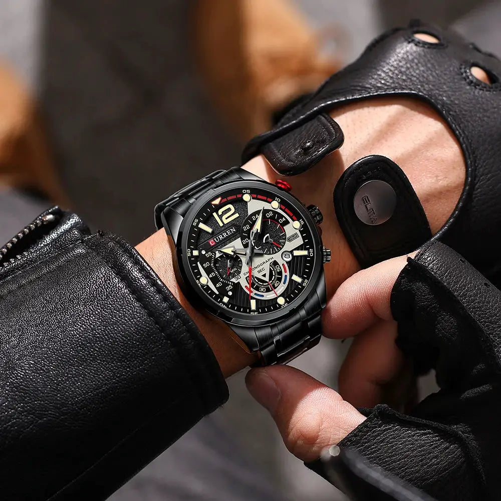 CURREN men's chronograph watch with black stainless steel band and multi-dial face