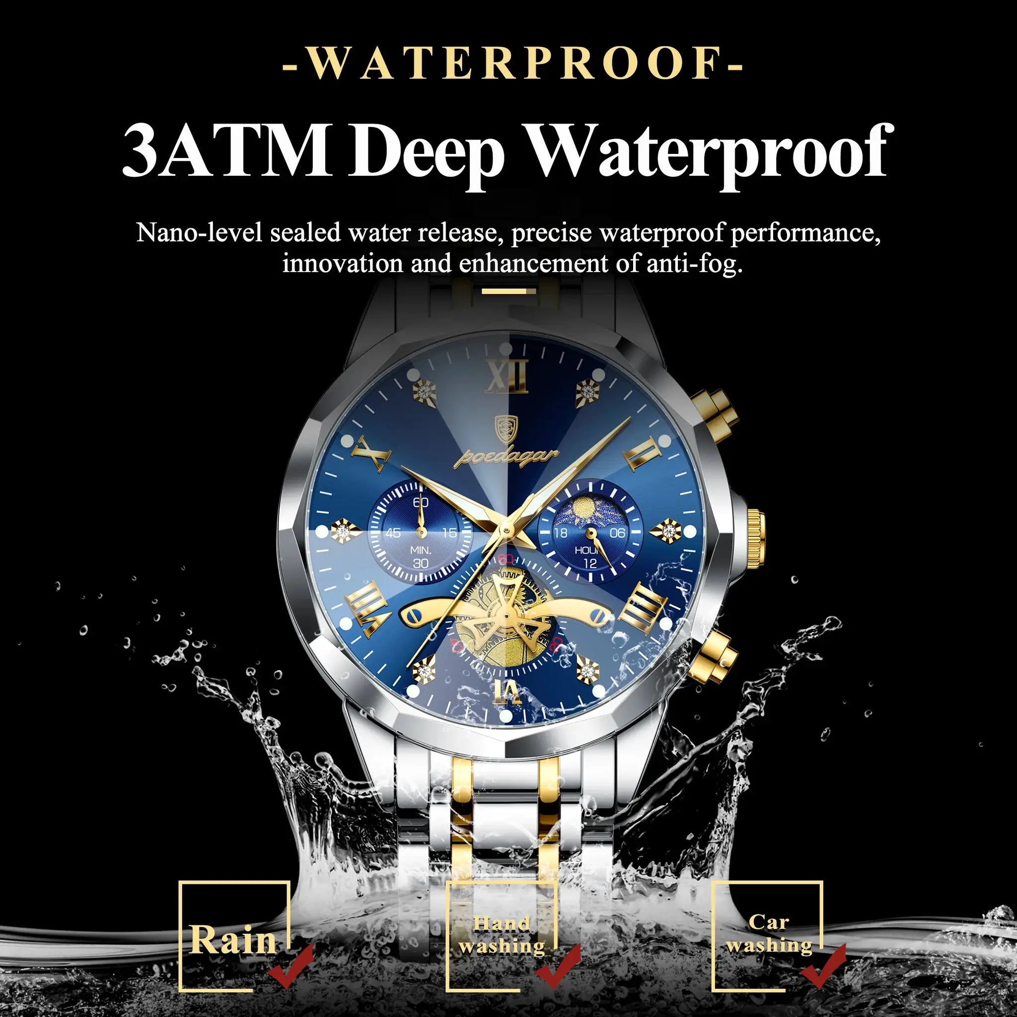 POEDAGAR Exquisite Business Mens Watch Waterproof Luminous Chronograph Luxury Stainless Steel Quartz Wristwatch