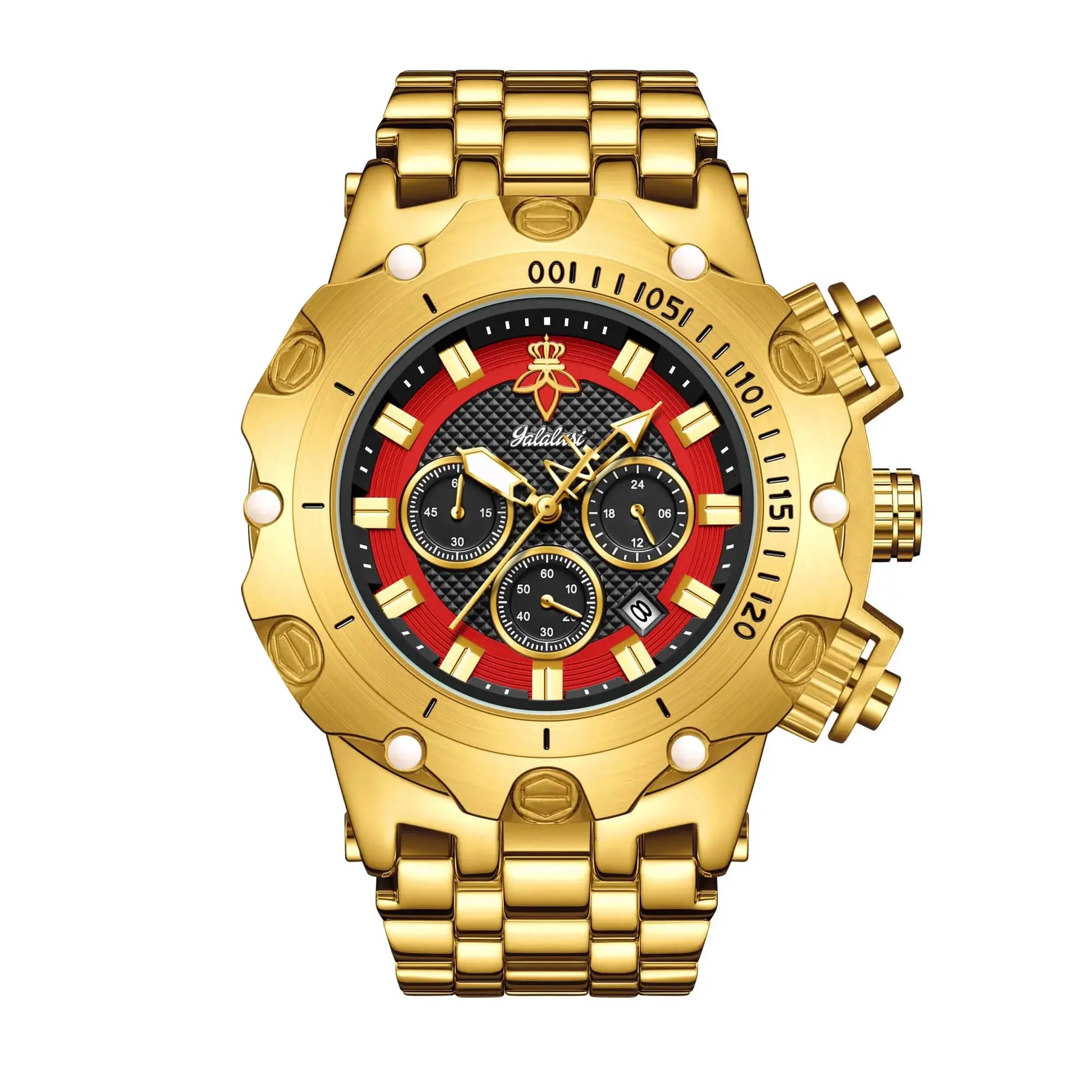YaLaLuSi men's gold-tone multifunction watch with a chunky bracelet and bold red/black dial