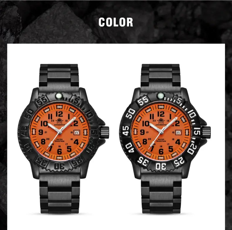 Addies Men military watch by Simples Market with orange dial and black metal bracelet; two watches