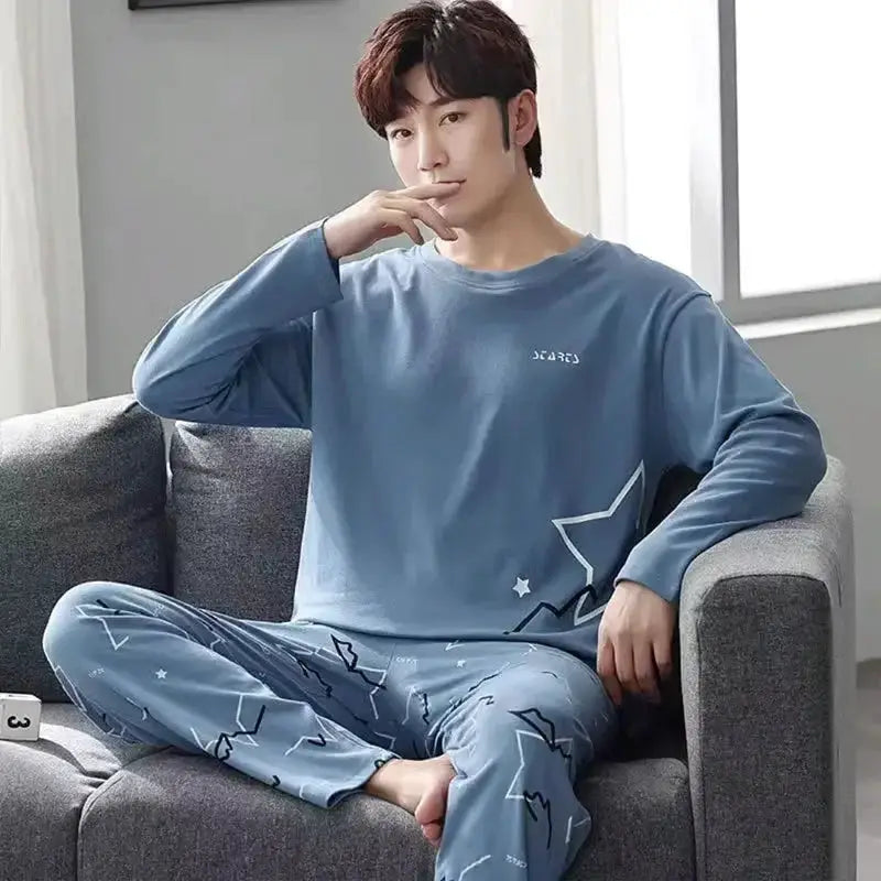 2PCS/Set Men Pajamas Long-Sleeved Korean Version of the Simple Button down Tops and Pants Nightwear Homewear Plaid Sleepwear