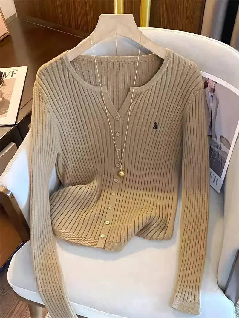 NovaTrend Y2K Embroidered Solid Knitted Top Long Sleeve Cardigan Sweater Slim Fit High Stretch For Autumn Streetwear