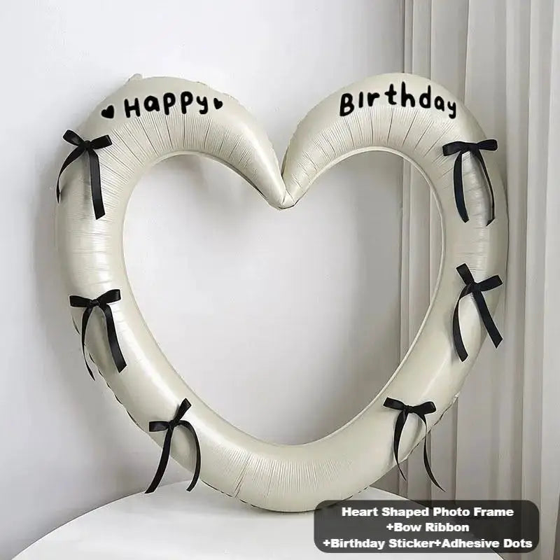 Happy Birthday Heart Photo Frame Balloon With Bowknot Stickers Photo Props For Party And Wedding Decoration