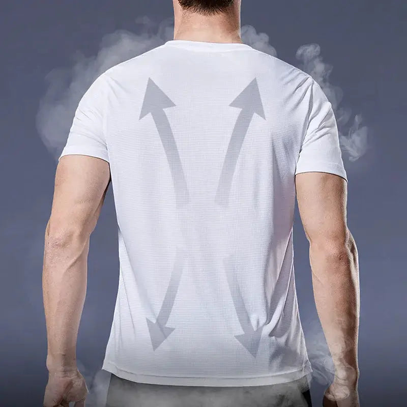 Men's white quick-dry running T-shirt by Simples Market with back airflow arrows
