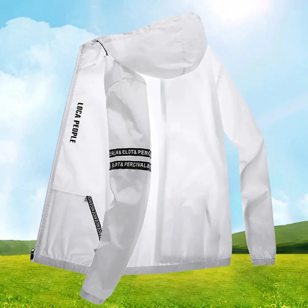 White sun-protection cycling jacket with long sleeves and black text bands for outdoor sports.