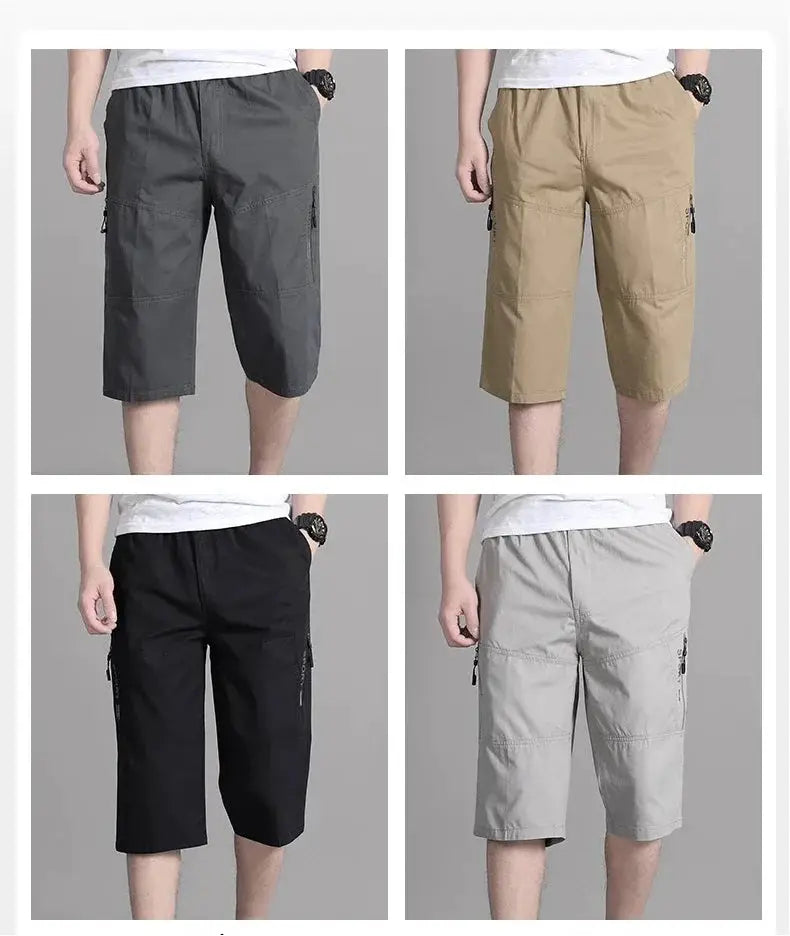 Mens cargo shorts by Simples Market, four-color knee-length set with zip pockets and elastic waist.