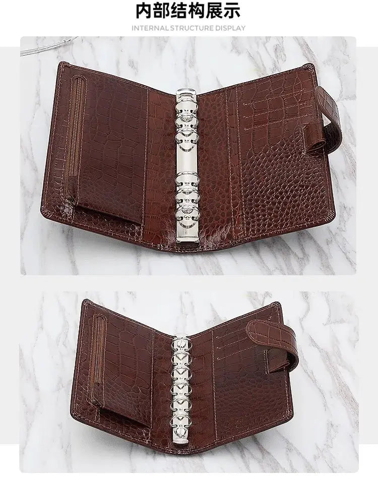 Yiwi genuine leather pocket-size planner with ring binder, brown crocodile-embossed cover, Simples Market