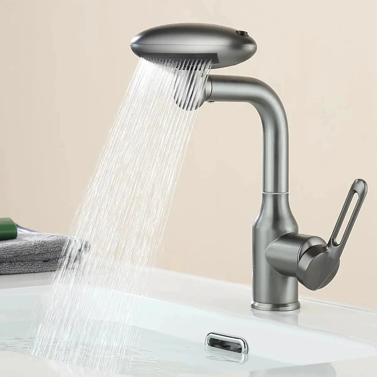 Multi-functional waterfall basin faucet, brushed nickel finish, 360° rotation with four spray modes