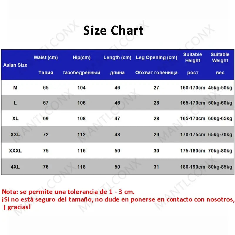 Size chart for Simples Market men's shorts; Asian sizes M-4XL with waist, hip, length, leg opening, height, weight