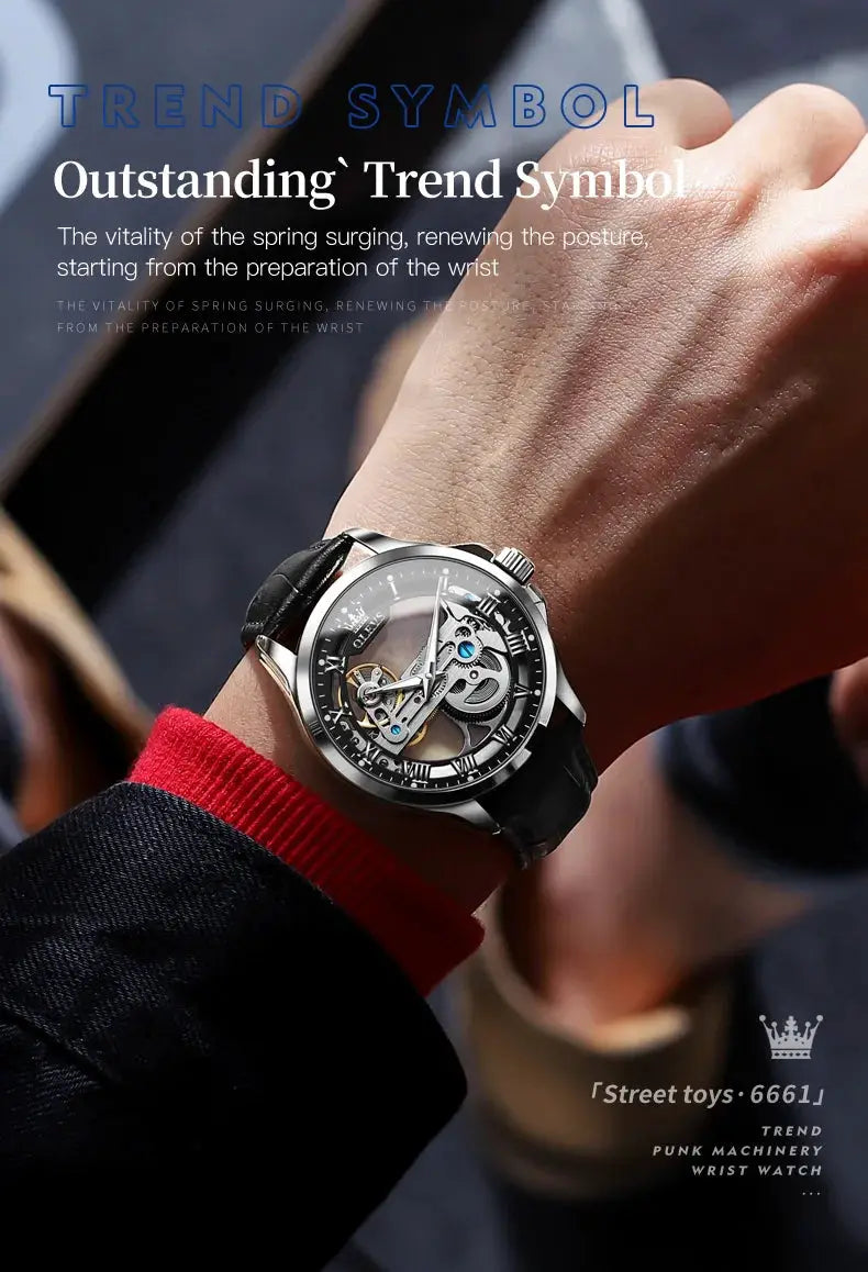 OLEVS 6661 men's skeleton automatic wristwatch with black leather strap and stainless steel case, luminous hands