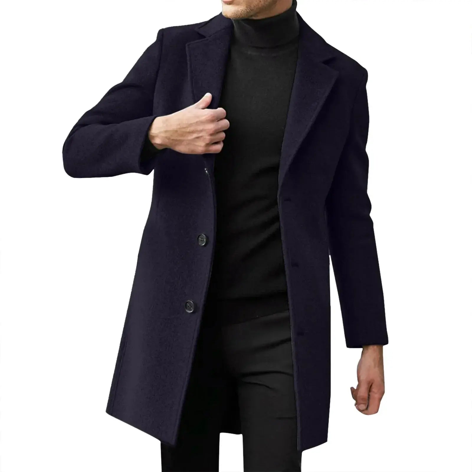 Men's navy wool overcoat, mid-length, single-breasted with lapels