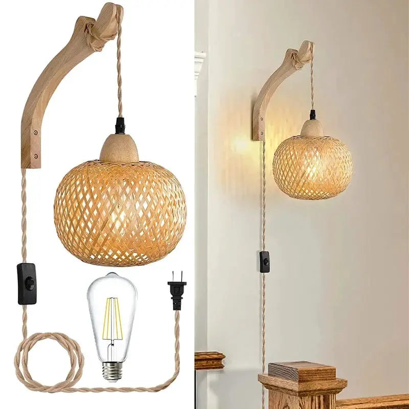 Bamboo Lantern Wall Lamp with natural rattan wicker shade, hand-woven, E27 bulb fixture