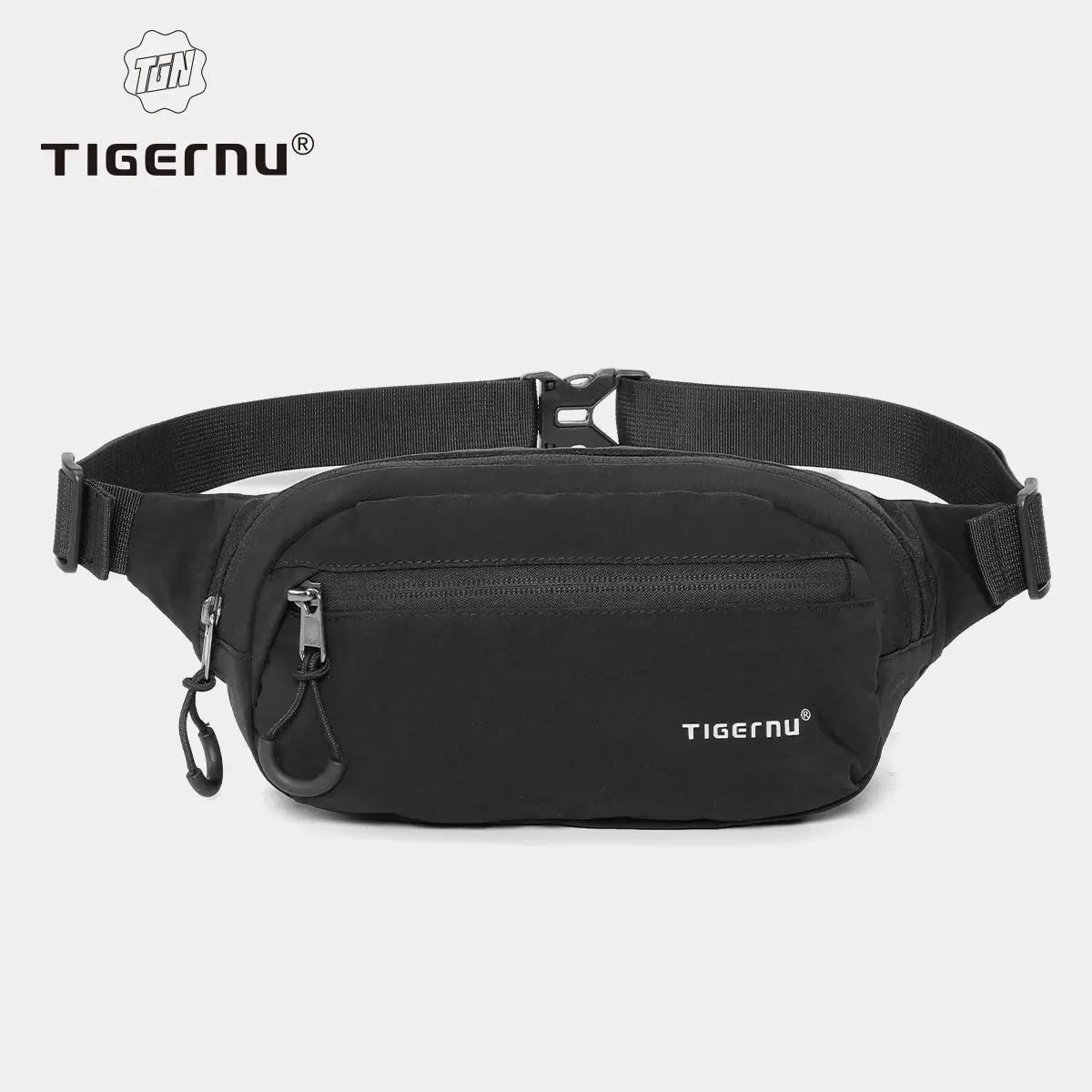 Tigernu black waist pack with adjustable belt strap and front zip pocket.