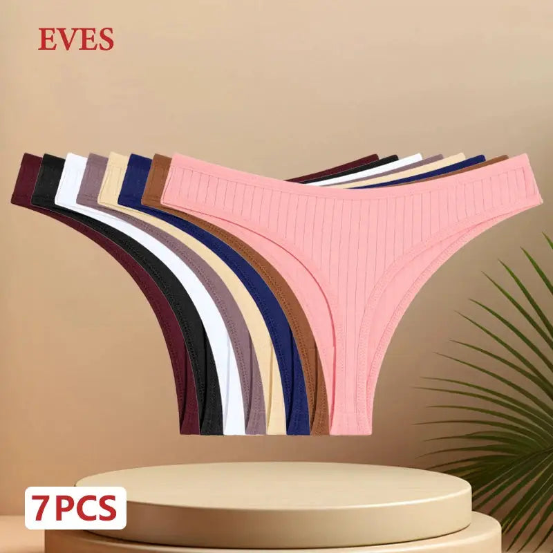 7-piece women's cotton striped thong underwear set in assorted colors, low-rise T-back