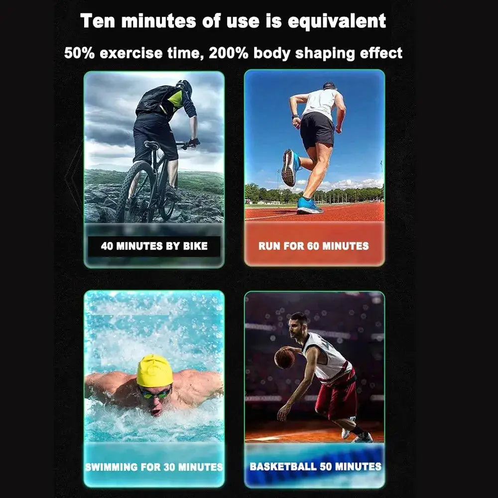 Simples Market USB rechargeable abdominal muscle trainer with four panels: cycling, running, swimming, basketball