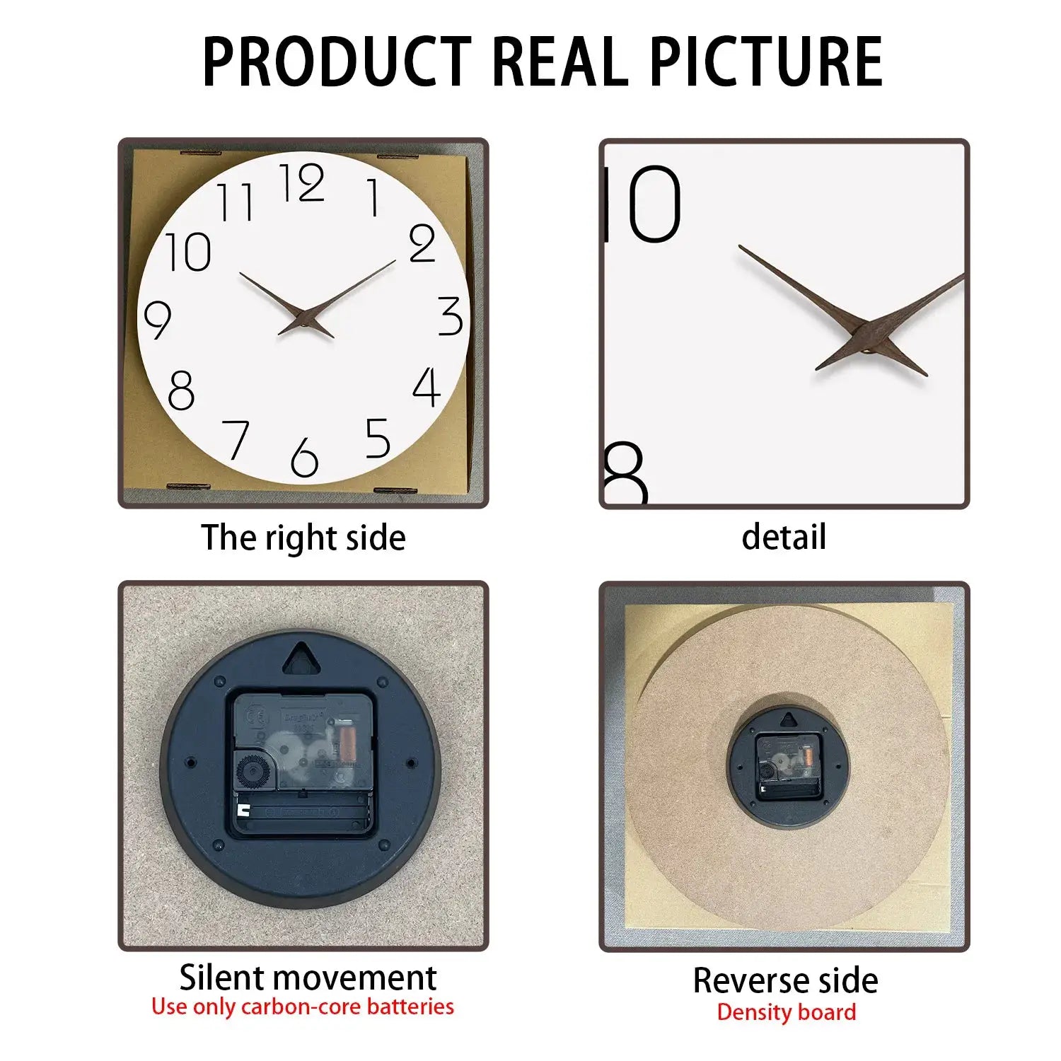 Casual Modern Wooden Wall Clock by Simples Market, white-faced with brown hands, silent quartz, 10–16 in, 2 styles shown