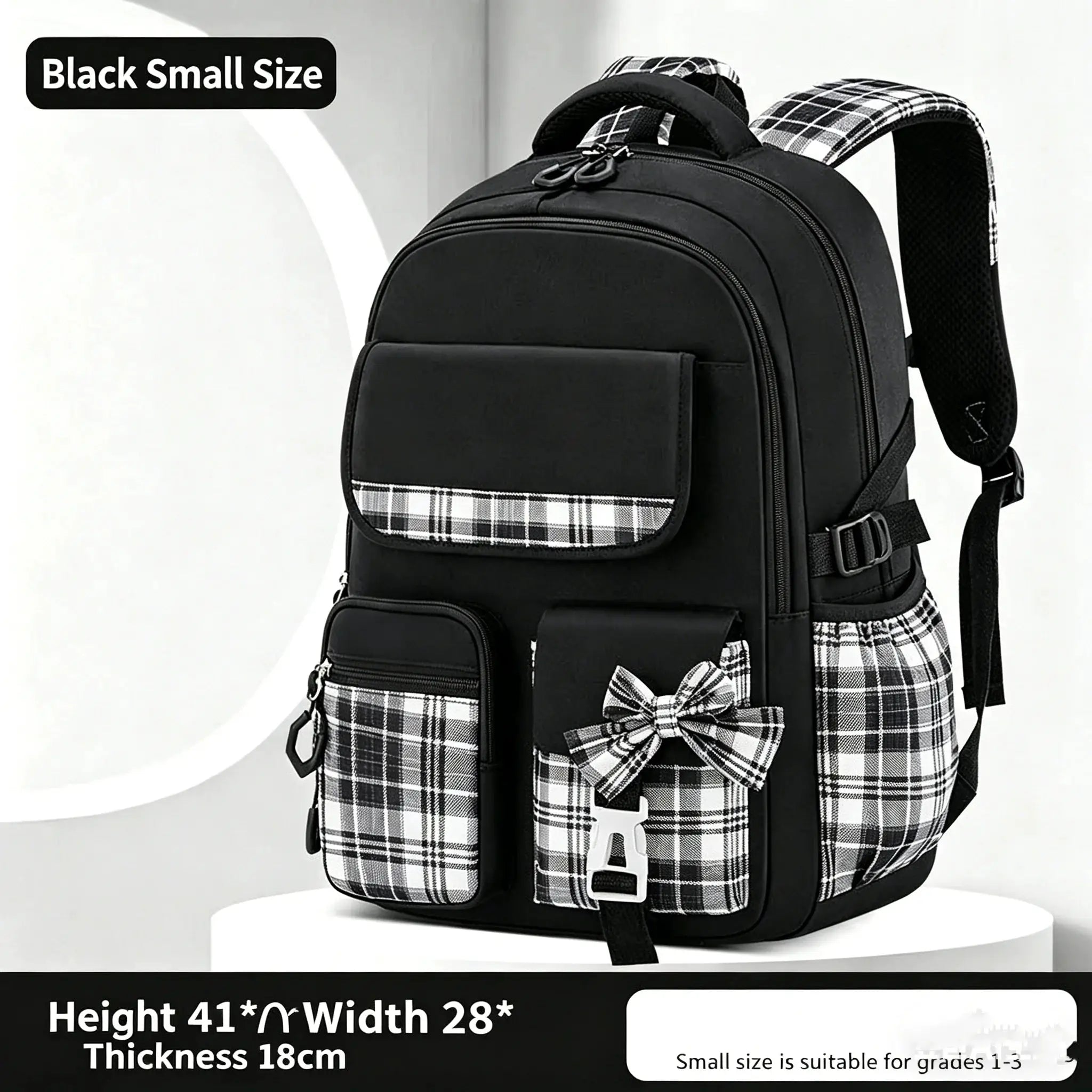 Backpack for elementary girls by Simples Market; black checkered plaid, large capacity, lightweight, waterproof.