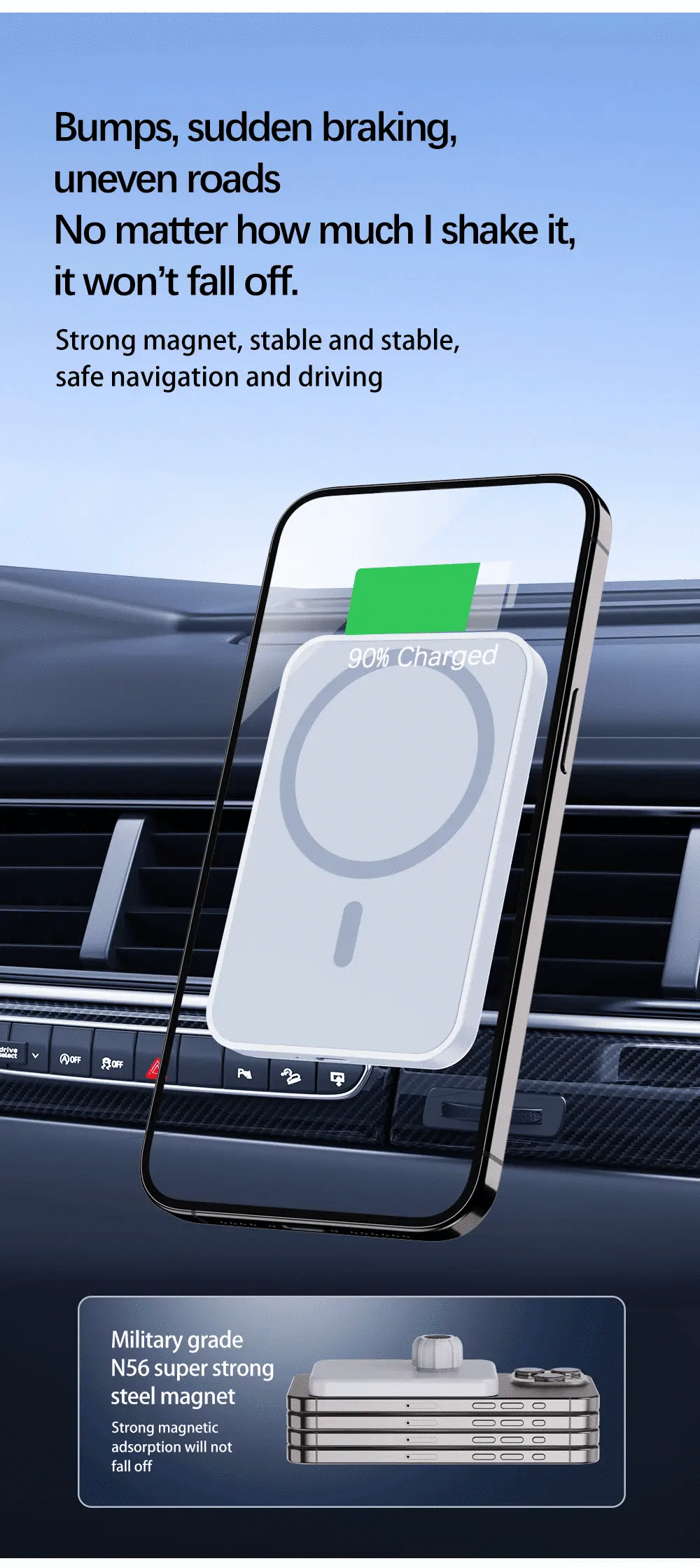 HOMEFISH magnetic car wireless charger and phone holder mount in car; black phone on white charging pad, fast charging