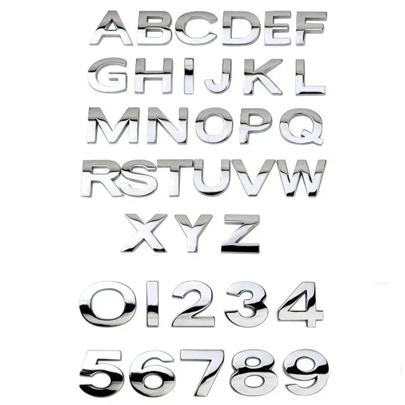 3D chrome metal alphabet and number decals for car badges; A–Z, 0–9; Simples Market